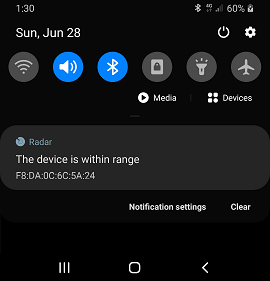 Device within range notification